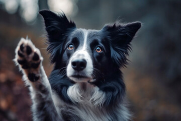 Generative AI image of a cute border collie begging with paws - obrazy, fototapety, plakaty