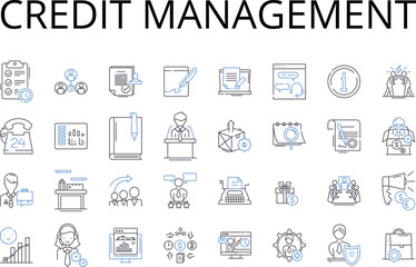 Credit management line icons collection. Debt resolution, Asset allocation, Financial planning, Investment strategy, Revenue generation, Payment processing, Asset management vector and linear