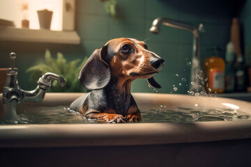 Generative AI image of a dachshund bathing in a sink - obrazy, fototapety, plakaty