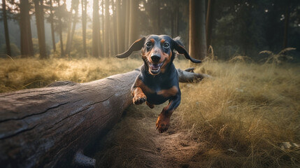 Generative Ai image of a dachshund running down a path