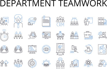 Department teamwork line icons collection. Group collaboration, Team effort, Cooperative partnership, Joint venture, Colleague support, Alliance association, Cohesive teamwork vector and linear