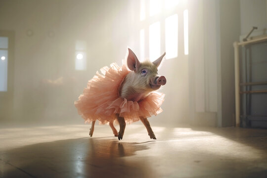 Generative AI image of a pig dancing in a tutu