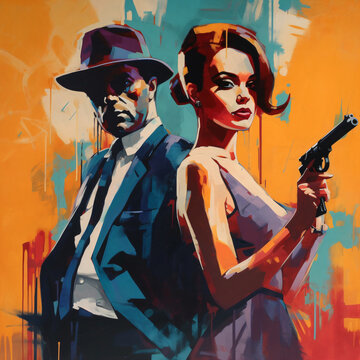 A painting of a man and a woman holding guns Generative Ai