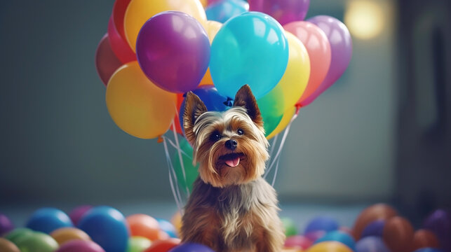 Generative Ai image of a yorkshire terrier sitting in a room filled with balloons