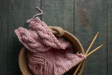 Soft pink woolen yarn, knitting and needles on wooden table, top view