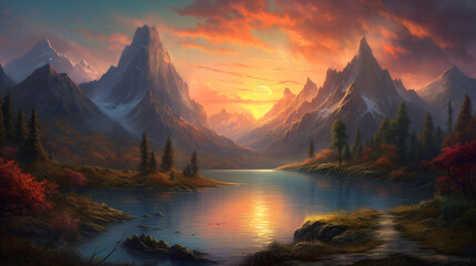 Fototapeta na wymiar A painting of mountains and a lake at sunset Generative Ai