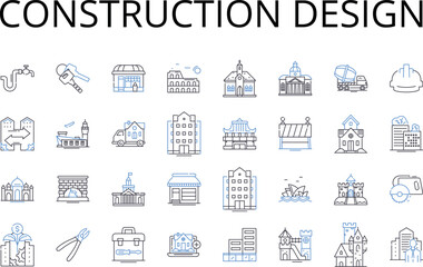 Naklejka premium Construction design line icons collection. Building planning, Structural drafting, Architectural blueprint, Engineering analysis, Fabrication design, Industrial layout, Commercial development vector