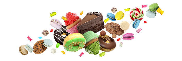 Many delicious sweets falling on white background