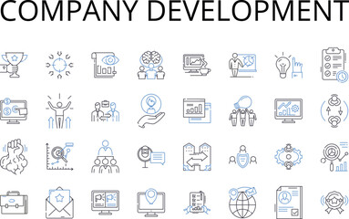 Company development line icons collection. Business growth, Corporate expansion, Enterprise advancement, Firm evolution, Commercial progress, Organization improvement, Company enhancement vector and