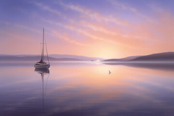 A sailboat floating on a lake at sunset Generative Ai