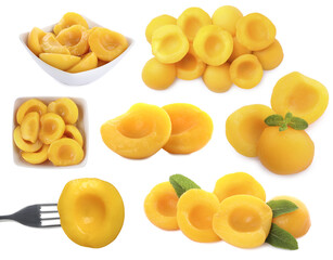 Collage with tasty canned peaches isolated on white