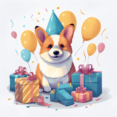 Naklejka premium A dog with a party hat sitting next to presents Generative Ai
