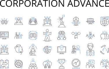 Corporation advance line icons collection. Company boost, Agency progress, Organization improvement, Business growth, Firm development, Establishment prosperity, Partnership headway vector and linear