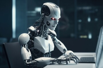 The robot works at the computer. The concept of the development of neural networks. AI generated, human enhanced