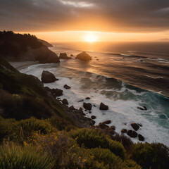 Obraz premium The sun is setting over the ocean near a rocky shore Generative Ai