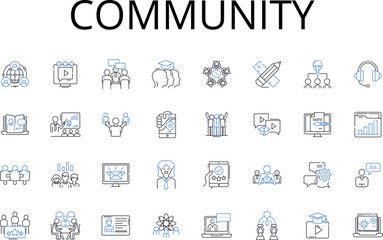 Community line icons collection. Society, Population, Neighborhood, Assembly, Congregation, Gathering, Colony vector and linear illustration. Clan,Brotherhood,Fellowship outline signs set - obrazy, fototapety, plakaty