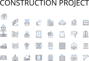 Construction project line icons collection. Business venture, Marketing campaign, Advertising strategy, Development plan, Expansion project, Rebranding effort, Creative pursuit vector and linear