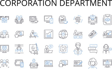 Corporation department line icons collection. Executive suite, Agency division, Government branch, Judicial chamber, Legislative assembly, Business unit, Marketing team vector and linear illustration