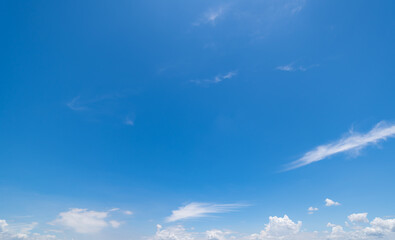  Panoramic view of clear blue sky and clouds, Blue sky background with tiny clouds. White fluffy clouds in the blue sky.