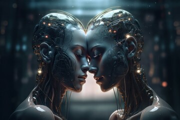 Two robots show each other feelings. Love robots concept. AI generated, human enhanced