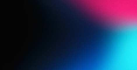 Vibrant blue pink neon colors gradient on black grainy textured background, copy space