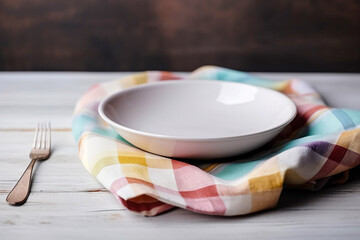 White empty plate on a table, pastel colors, soft napkin, cosy atmosphere. Generative AI