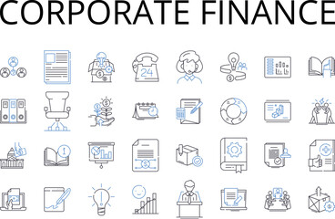Corporate finance line icons collection. Business management, Financial planning, Investment banking, Economic analysis, Accounting principles, Market research, Capital markets vector and linear