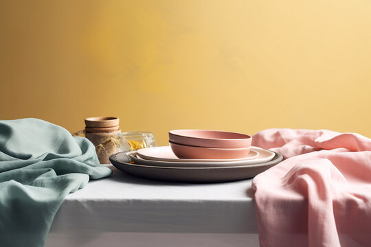 Stack of empty ceramic dishes a table, napkin, pastel colors, cosy atmosphere. Generative AI