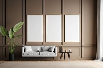 Mock up poster frame in modern living room interior design background using wood wall panelling. Generative ai