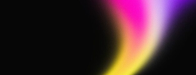 Pink yellow purple color abstract gradient wave swirl shape on black background, grain texture effect, copy space