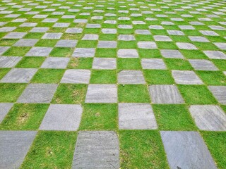 Pattern of square cement floor tiles with green . walkway with green grass in the park. Stone pathway and green grass at park. Garden Stepping Stone Path through Green Grass Law.