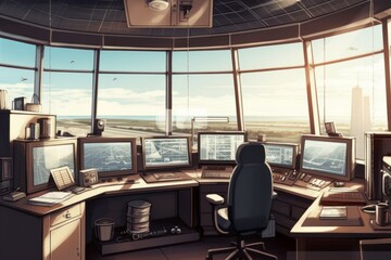 管制塔の航空管制室のイラスト：AI作品
