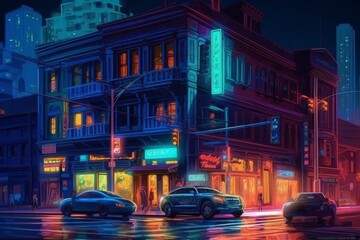 カラフルなネオンの繁華街のイラスト：AI作品
