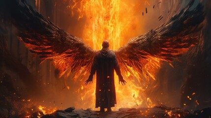 man with fiery wings, digital art illustration, Generative AI