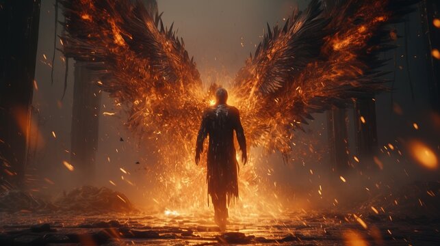 man with fiery wings, digital art illustration, Generative AI