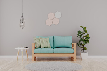 Renderização 3d de uma sala de estar com ambiente aconchegante, claro e confortável
