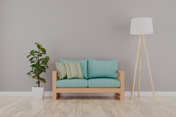 Renderização 3d de uma sala de estar com ambiente aconchegante, claro e confortável. Parede cinza com detalhe de plantas 