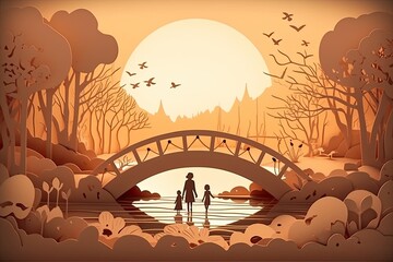 Paper cut style depiction of a mother enjoying quality time with her children in a picturesque park setting, Mother's Day, 5bluebirds in sky, serene pond, wooden bridge, Generative AI, Generative, AI