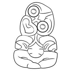 Hei-tiki pendant of the Māori of New Zealand. Green stone carvings with inlaid eyes. Totem figurines. Ethnic design. Black and white linear silhouette.