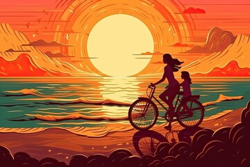 Mother and daughter cycling on the beach on Mother's Day, sharing laughter while riding bikes, beautiful large sunset, blue water, 8K vibrant colors, paper cut style, Generative AI, Generative, AI