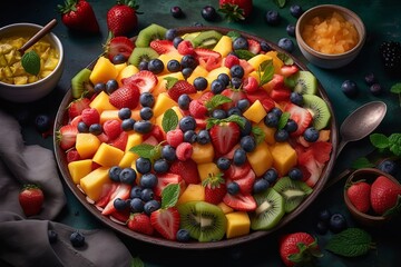 fruit salad, with juicy slices of watermelon, pineapple, and strawberries, surrounded by fresh blueberries and raspberries. Generative ai