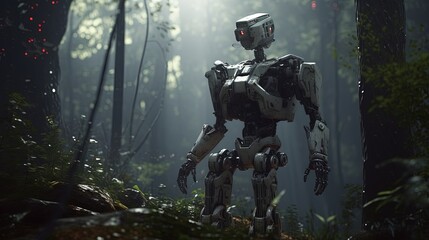 Fototapeta premium modern robot in the woods, digital art illustration, Generative AI