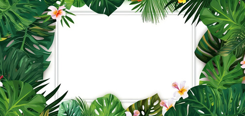 Frame of lush tropical leaves and flowers-generative ai