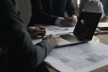 Businessmen reviewing budgets for construction projects on laptop and paper documents