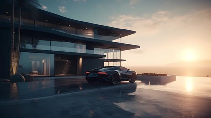 Luxury vacation homes on the ocean.  Mansions, glass homes, cars, ai generated