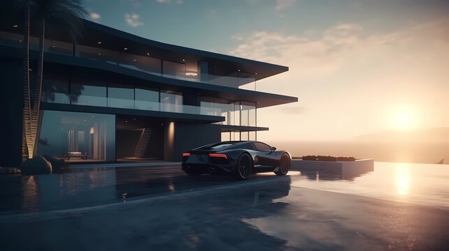 Luxury vacation homes on the ocean.  Mansions, glass homes, cars, ai generated