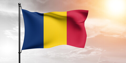 Chad national flag cloth fabric waving on beautiful sky grey Background.