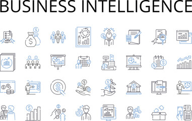 Business Intelligence line icons collection. Market Analysis, Competitive Insights, Data Analytics, Information Management, Knowledge Acquisition, Operational Efficiency, Decision Support vector and