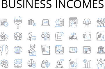 Business incomes line icons collection. Income earnings, Financial gains, Commercial returns, Profit revenues, Mtary rewards, Fiscal proceeds, Capital earnings vector and linear illustration. Trade