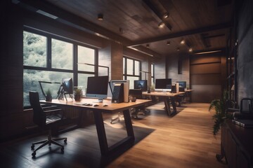 room bright office chair window modern desk interior workplace furniture monitor. Generative AI. Generative AI